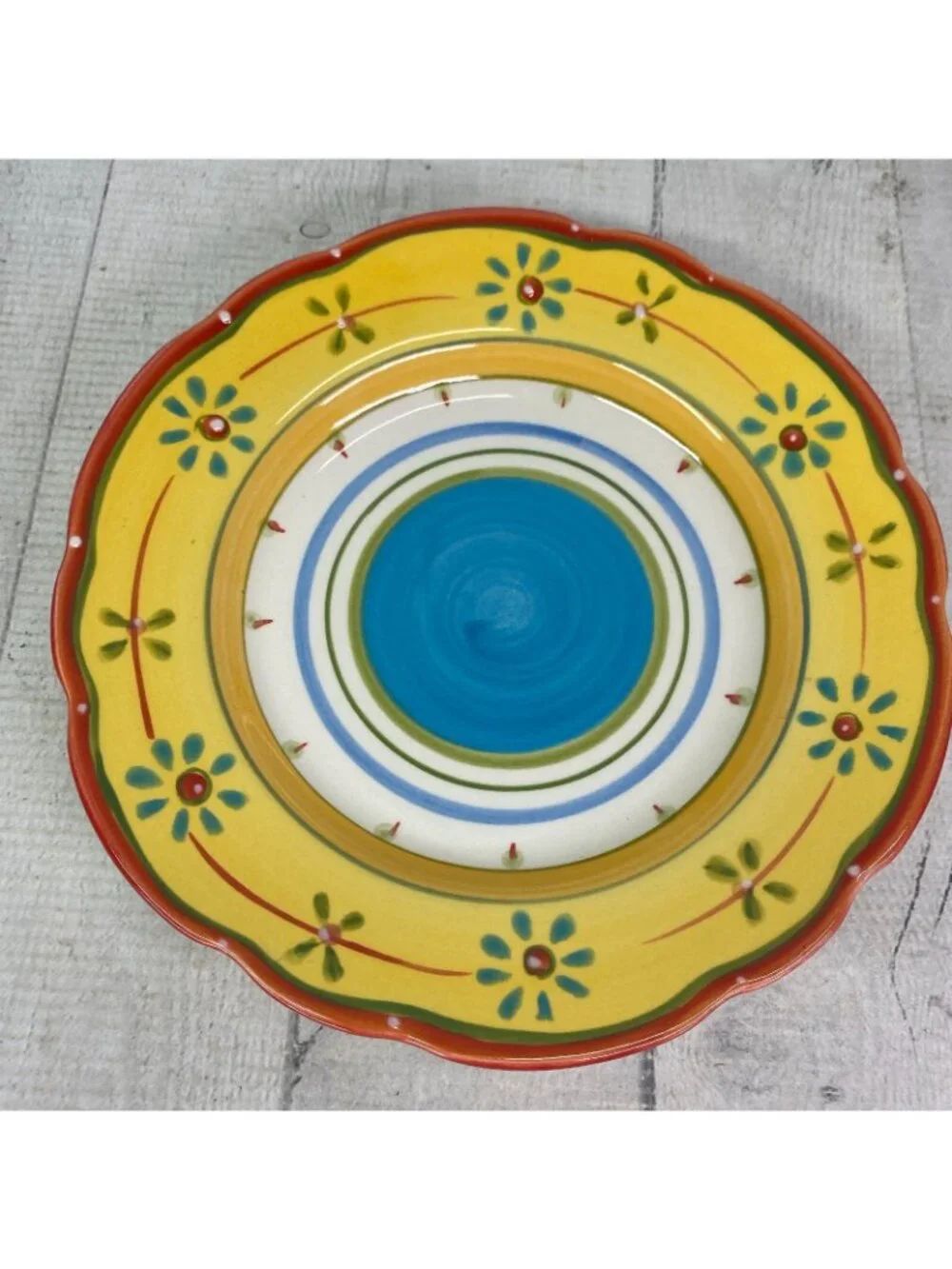 Culinary Arts PETIT JARDIN Yellow Blue Flower Scallop Ceramic Salad Plate Set 4
